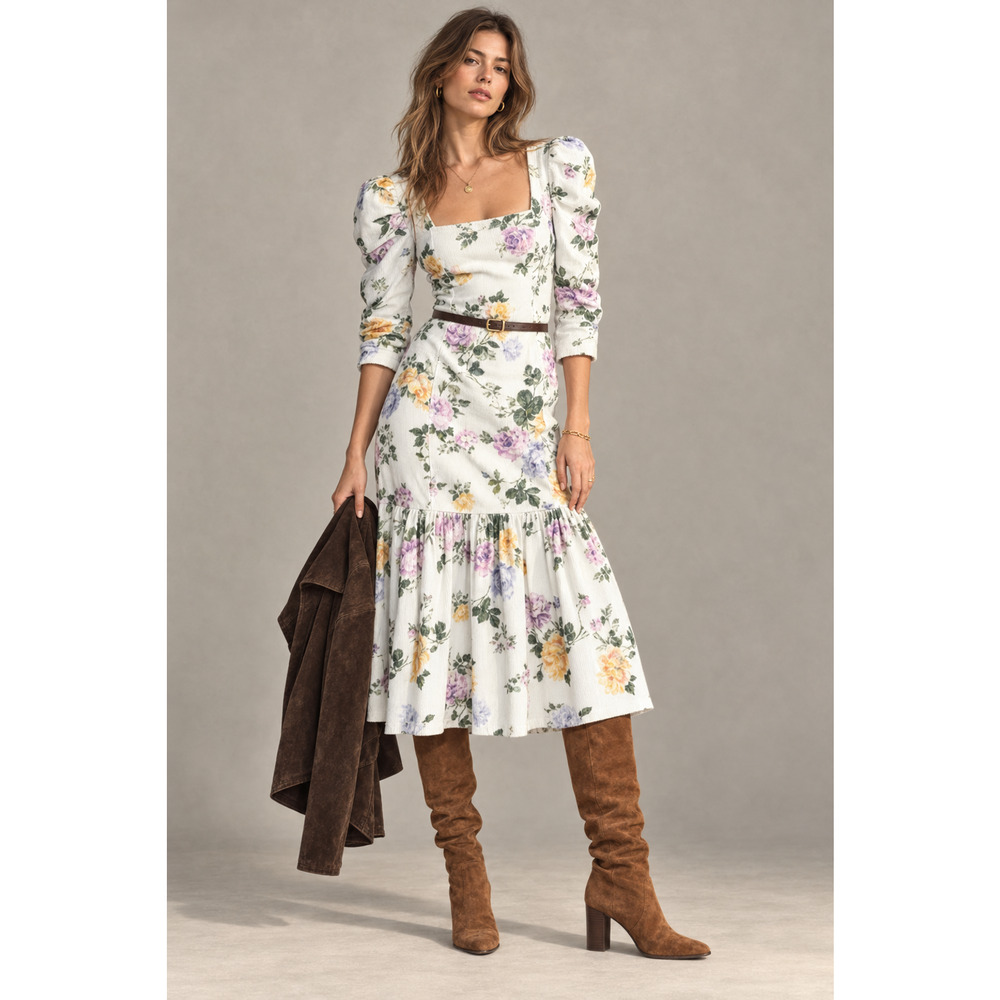 LoveShackFancy 6 Corduroy Ellington Puff Sleeve Midi Dress $345 Square Neck - Picture 9 of 9